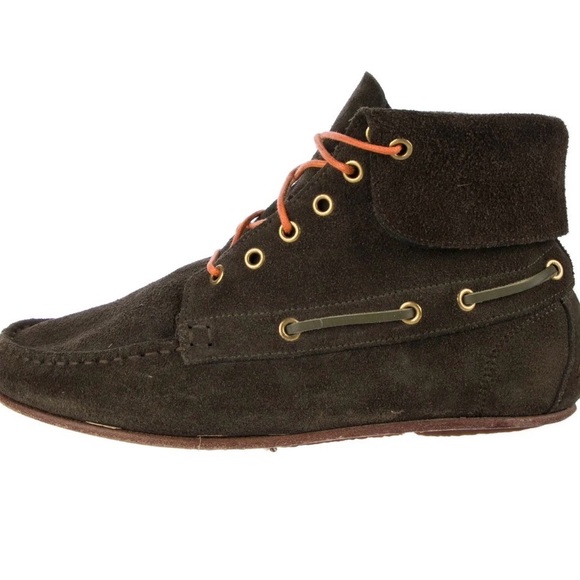 Jerome Dreyfuss Shoes - Jerome Dreyfuss Olive Suede Moccasin Boots with Orange Laces